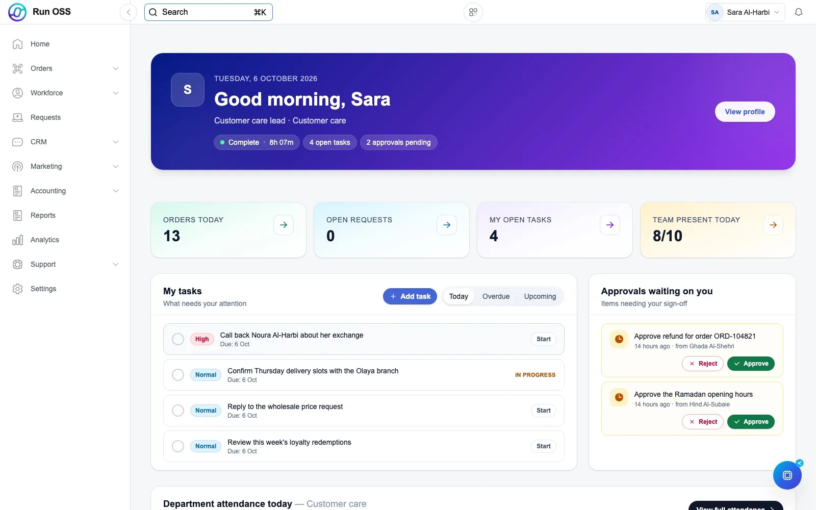 The Run OSS home screen with tasks and approvals