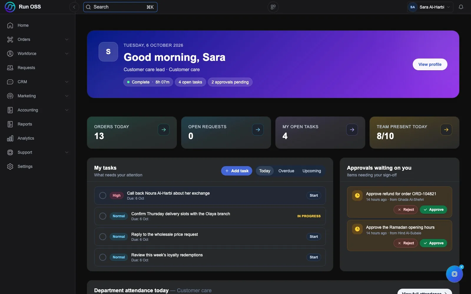 The Run OSS home screen with tasks and approvals