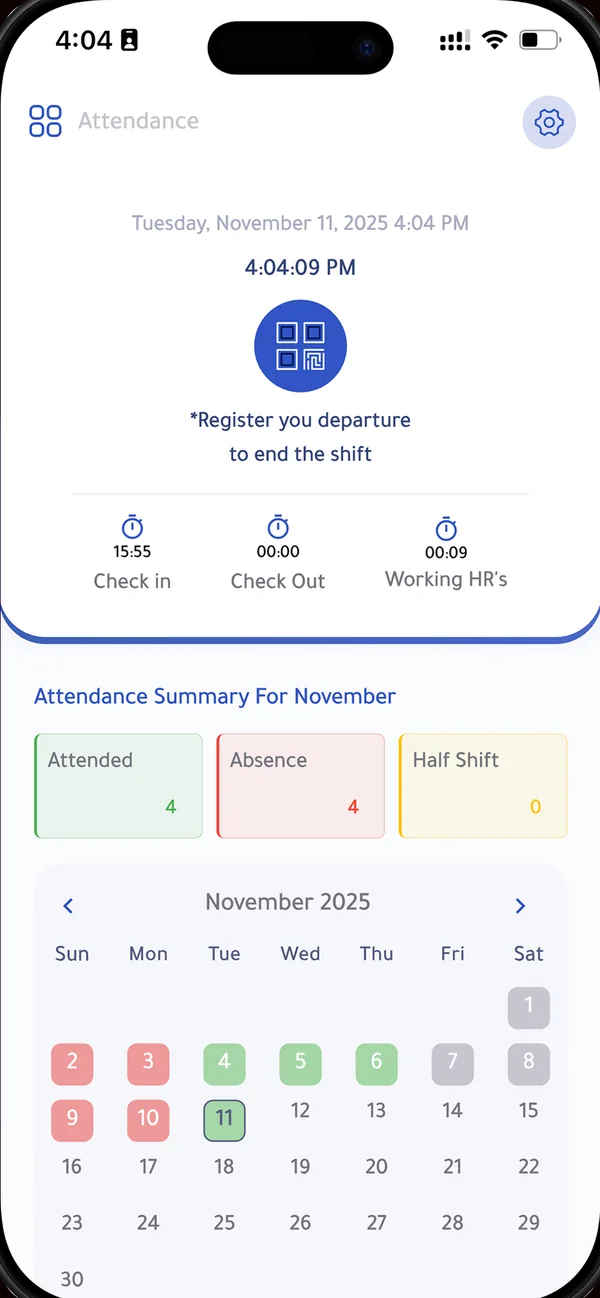 The OSS Connect app on a phone: check in, check out and the month's attendance